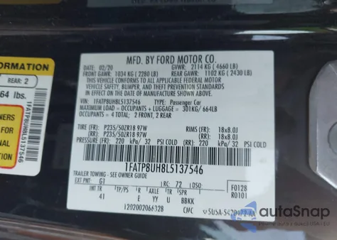 2020 Ford Mustang Ecoboost Premium z USA, uszkodzony, nr VIN 1FATP8UH8L5137546